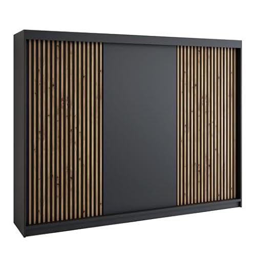 A&J MöbelLand Schwebetürenschrank IOSA Kleiderschrank 3-türig mit 4 Schubladen & 3D Lamellen, Garderobe 200 cm (Schwarz/Schwarz/Schwarz/Schwarz) A&J MöbelLand Schwebetürenschrank IOSA Kleiderschrank 3-türig mit 4 Schubladen & 3D Lamellen, Garderobe 200 cm (Schwarz/Schwarz/Schwarz/Schwarz)