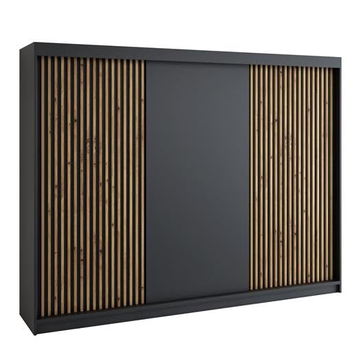 A&J MöbelLand Schwebetürenschrank IOSA Kleiderschrank 3-türig mit 4 Schubladen & 3D Lamellen, Garderobe 200 cm (Schwarz/Schwarz/Schwarz/Schwarz)
