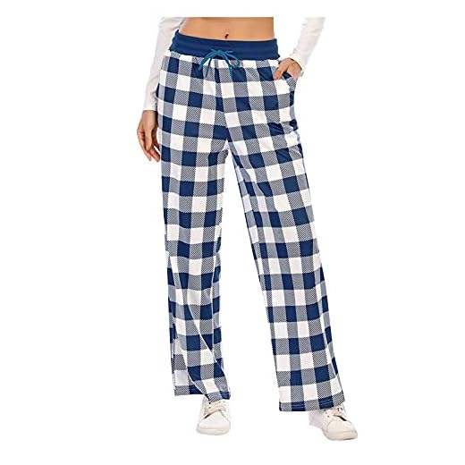 Alwayswin Pyjamasbyxor dam pyjamasbyxor rutiga långa pyjamasbyxor nattkläder fritidsbyxor strandbyxor lös hög midja sovbyxor med fickor och dragsko, A- Blå, L
