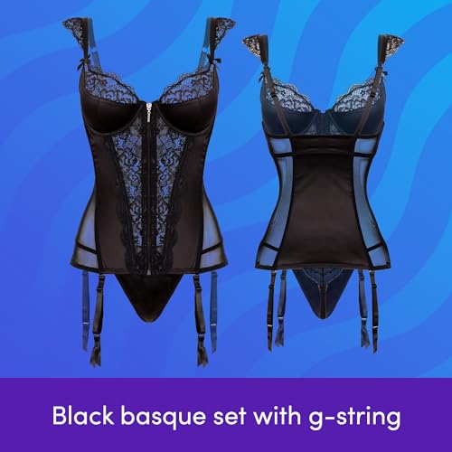 Lovehoney Black Treasure Me Satin Push Up Basque Set - Lace Bustier Corset Lingerie Styling with G String & Garter Straps - Large: 22-24