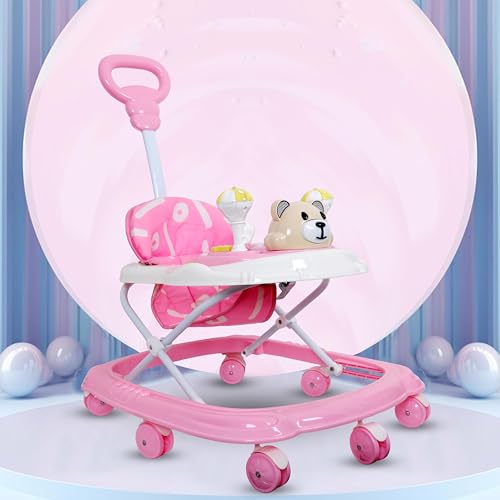 Image of Baby Walker for 6-18 Months Baby with Music, Detachable Parental Push Handle, Adjustable Height, Foldable Baby Walker for Boys & Girls, Anti-Fall Safety Design, Comfortable Seat (Baby Pink)
