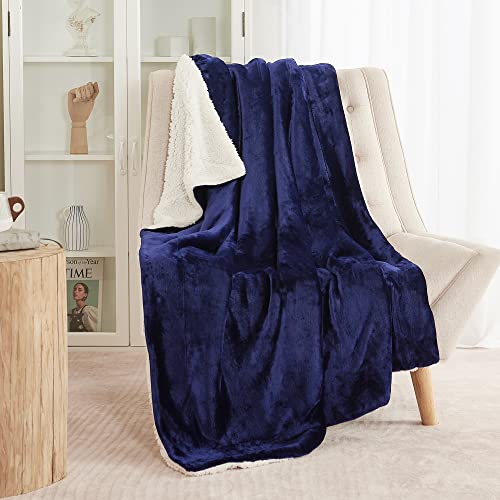 Ryb Home Sherpa Fleece Throw Blankets, Super Soft Fluffy Reversible Blue Blanket Throw For Traveling Camping Napping, W 50" X L60, Navy Blue #TOP4