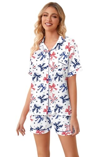 Image of Umeyda Women & Girls Pajamas Set, Soft Satin Lightweight Silk Button-Down Top with Shorts 2 Piece PJS for Mom Boys Kids Gifts