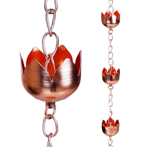 Topadorn 8.5 FT Metal Lotus Rain Chain with 11 Tulip Shaped Copper Cups for Outdoor Home Garden Decor Replacement for Gutter Downspouts, Divert Water and Home Display