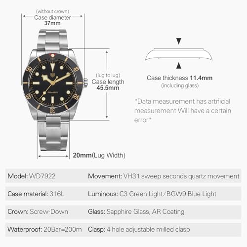 Image of watchdives VH31 Quartz Watches, WD7922 BB54 Mens Watch 37mm Sapphire Crystal Luxury Wrist Watch 20Bar Diver Watches Analog Luminous Watch