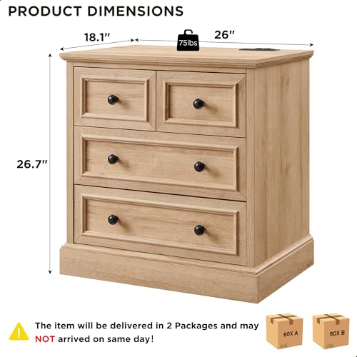 Image of ACCOHOHO 26 inch W Nightstands Set of 2, Farmhouse End Table with 4 Drawers for Storage, Nightstand with Charging Station for Bedroom, Natural Oak