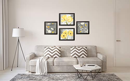 Beautiful Grey & Yellow Poster Set; Birds And Flowers; Two 12X12In And Two 14X11In Black Framed Prints #TOP1