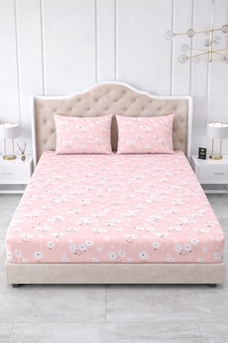 Image of 300 TC Cotton Feel Glace Cotton Elastic Fitted Bedsheet for King Size Double Bed | Fits up to 8 Inch Mattress | Printed Bedsheet with 2 Pillow Covers (Pink Flower, King Size - 72 inchx78 inch)