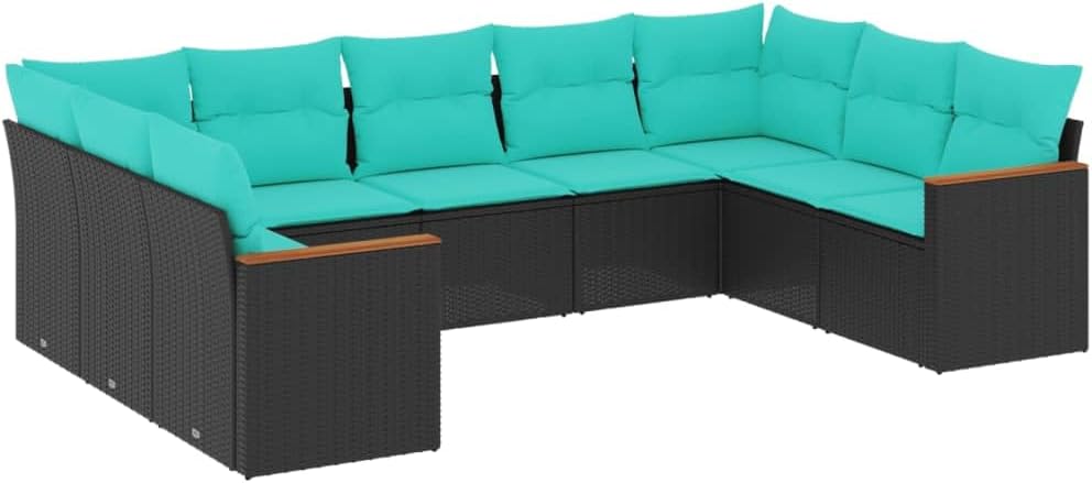 vidaXL Patio Sofa Set - Cushioned Outdoor Furniture 9-Piece - Black Poly Rattan with Blue Cushions - Garden, Terrace, or Patio Modular Lounge Set