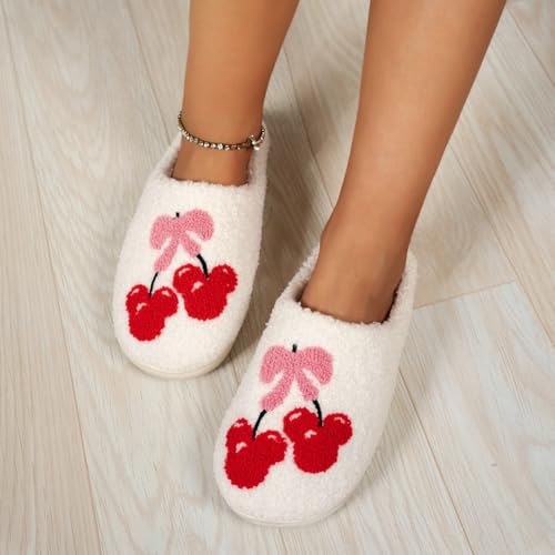Cute Embroidered Cherry Slippers Women Men Winter Indoor House Shoes Bow Cozy Plush Cotton Thick Sole Warm Couple Slippers3