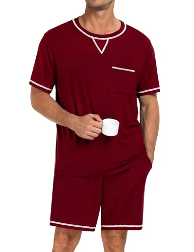 Image of SWOMOG Mens Pajamas Set Summer Sleepwear Short Sleeve Pjs Set Soft 2 Piece Lounge Set Comfy Loungewear with Pockets