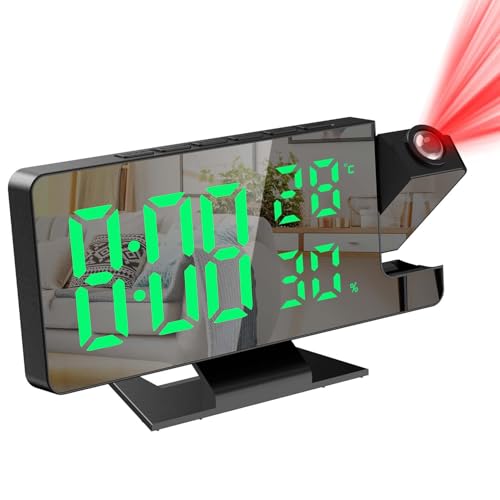 Tisaika Projection Alarm Clock for Bedroom 7.8" Digital Clock with 180° Projector 12/24H LED Mirror Digital Clock with Temperature Humidity Display Adjustable Brightness Snooze for Office Home Desktop