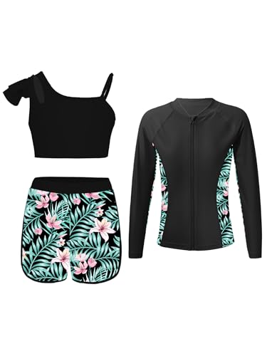 renvena Girls Three Pieces Swimsuit Long Sleeves Zipper Swim Top with Tankini Tops and Swim Shorts Set Swimming Suit