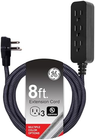GE Designer Extension Cord With Surge Protection, Braided Power Cord, 8 ft, 3 Grounded Outlets, Flat Plug, Premium, Black/Grey, 41282