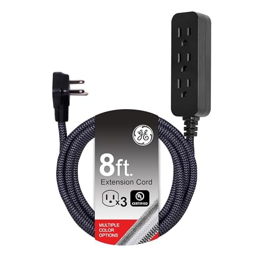GE Pro 3-Outlet Power Strip with Surge Protection, 8 Ft Designer Braided Extension Cord, Grounded, Flat Plug, 250 Joules, Warranty, UL Listed, Black/Gray, 41282