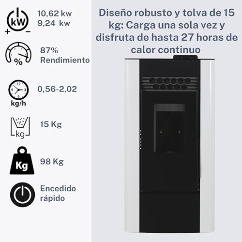 EIDER BIOMASA – Estufa de Pellets King 10 – 10,6 kW – Tolva 15 kg – Calienta hasta 180 m³ – Consumo 0,56–2,02 kg/h – Alto Rendimiento 87% – Encendido Rápido – Programable – Clase Energética A+ - imagen 4