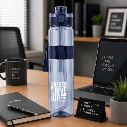 Image of Sports Water Bottle with Straw & Carry Strap | Leakproof BPA-Free Gym Bottle | Flip Lock Lid | MOTIVATIONAL NEVER GIVE UP BOTTLE | Office, School, Gym & Travel (Blue)