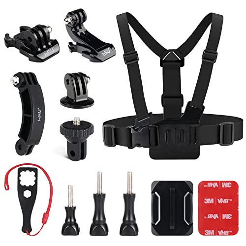 HSU Action Camera Motorcycle Mount Set, Chest Mount for GoPro Hero 11 10 9 8 7 6 5, Including Curved Extension Arm Quick Release Buckle J-Hook Buckle and 1/4” 20 Camera Mount, Cycling and Skiing Kit