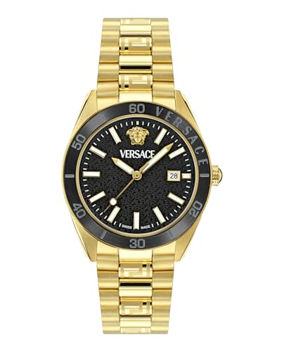 Versace V-Dome Collection Luxury Mens Watch Timepieces with a Gold Bracelet and Case Featuring a Black Dial