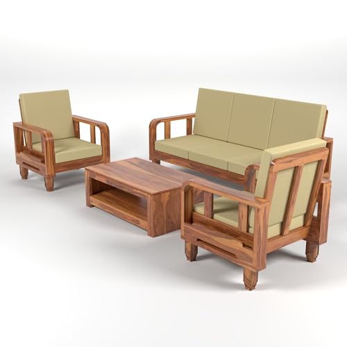 Image of Solid Sheesham Wood 5 Seater Sofa Set (3+1+1) -Wooden 5 Person Sofa Set for Living Room & Home (Design 13)