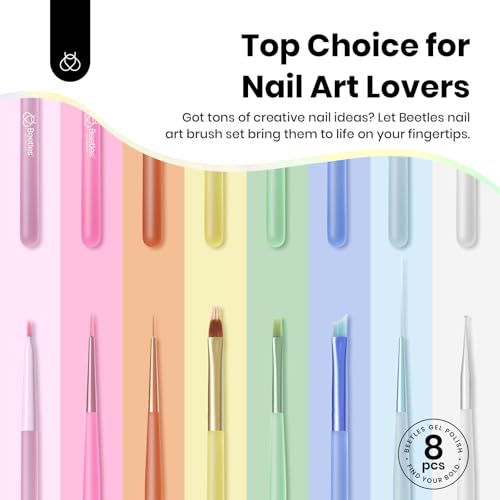Image of Beetles Nail Art Brushes Set for Gel Polish 8 Pcs - Nail Art Design Pen Fingernail Painting Dotting Tool, Liner Gradient Clean Up Brush DIY with Palette Rainbow Pastel Pen Set Manicure Kit