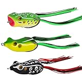 MadBite 3 Pack Frog Lure Kits Fishing Lures, Includes 2 Sillicon Leg Frogs (Green & Black) and 1 Popping Frog, with Stinger Hook