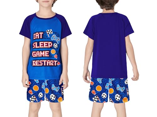 Beezizac Pajamas For Boys Fun Blue Gamer Short Sleeve 2-Piece PJ Set Kid Comfy Sleepwear Size 8