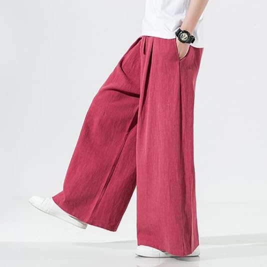 Men's Casual Pants Linen Loose fit Elastic Waist Drawstring Lightweight Wide Leg Yoga Beach Pants for Men
