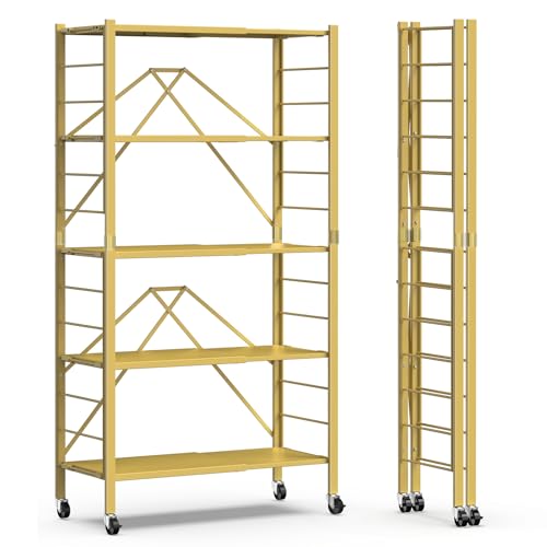 Image of Himix 5-Tier Storage Shelf with Wheels Foldable Expandable Adjustable Gold | Folding shelving units, Metal collapsible organization, Changeable into 2 shelf units, Basement, Kitchen, Holds 2400 Ibs