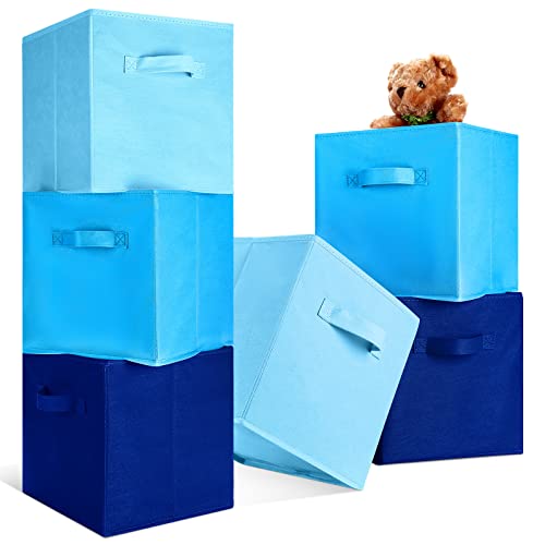 Image of Karenhi 11 x 10. 5 x 10. 5 Blue Storage Cube, 6 Pack Fabric Cube Storage Bins Organizer Box, Collapsible Baskets with Handles Foldable Shelf for Cloth Toys Home Room Closet, Pack of 6