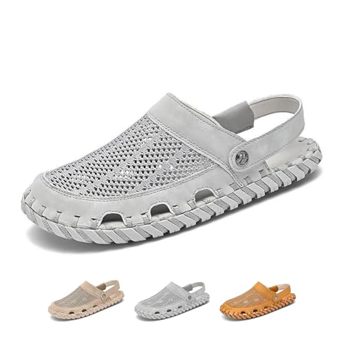 Zeberfi Men's Hollow Leather Mesh Closed Toe Flat Sandals Casual Outdoor Athletic Handmade Adjustable Slip On Beach Shoes Summer Breathable Comfort Walking Sports Hiking Sandals