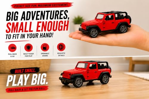 Image of Braintastic Model Diecast Car Toy Vehicle Pull Back Friction with Openable Doors Light & Music Toys for Kids Age 3+ Years (Thar Jeep Small Red)