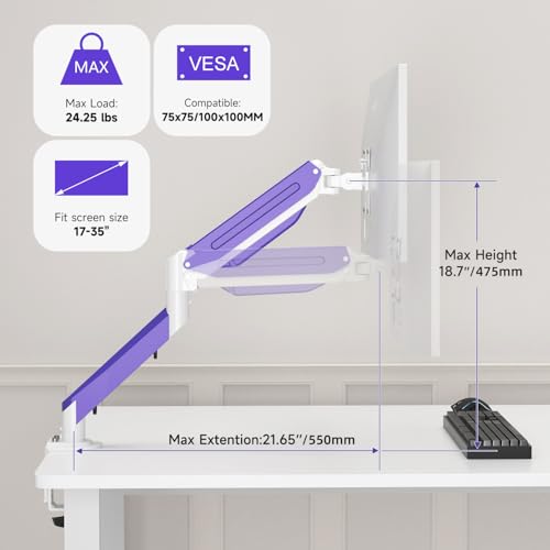Image of Suptek Monitor Mount Gas Spring Monitor Arm Desk Mount Fully Adjustable Fits 17 20 22 23 24 26 27 32 35 inch Monitors Weight Capacity up to 24.25 lbs (White+Purple, 17 inch-35 inch)
