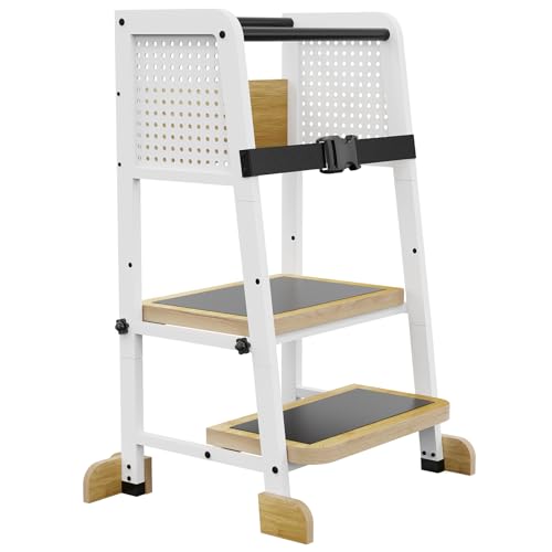 Image of Kitchen Step Stool for Kids, Standing Tower for Toddlers 1-3, Kitchen Tower with Anti-Slip Mat and Adjustable Stand, Wood Metal Standing Stool for Counter, Natural Color