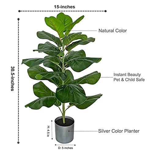 BESAMENATURE 30.5" Little Artificial Fiddle Leaf Fig Tree/Faux Ficus Lyrata for Home Office Decoration, Ships in Silvery Gray Planter