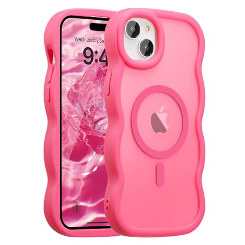 UEEBAI Magnetic for iPhone 14 Plus/15 Plus, Cute Cover Compatible with MagSafe, Transparent Wave Frame Design Case Soft Edge Cover Cute Clear Matte Shockproof Protective Phone Case, Hot Pink by UEEBAI - Used condition - CA$9.95