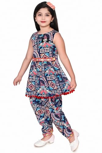 Image of Girls Ethnic Kurti and Dhoti Pant Set - Sleeveless Printed Outfit with Pom-Pom Hem | Dress for Kids