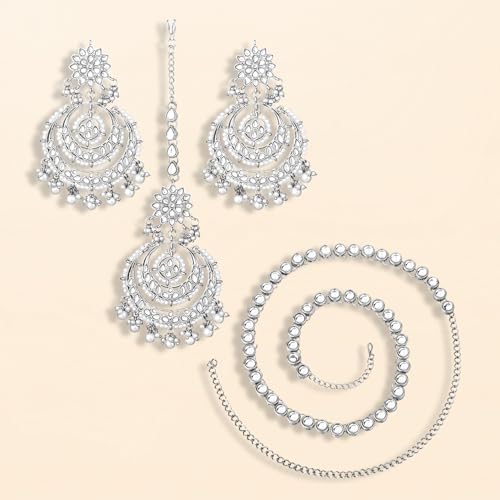 Image of Peora Traditional Jewellery Rhodium Kundan & Pearl Maang Tikka Earring Set for Women Girls