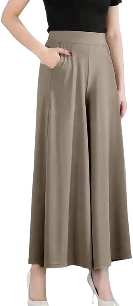 Women's Casual High Waist Pants Solid Loose with Pockets, Elastic Waist, Wide Leg Long Trousers