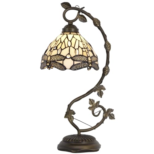 WERFACTORY Tiffany Lamp Amber Stained Glass Dragonfly Table Lamp Desk Reading Light, Metal Leaf Base Decor Small Space Bedroom Home Office S139 Series