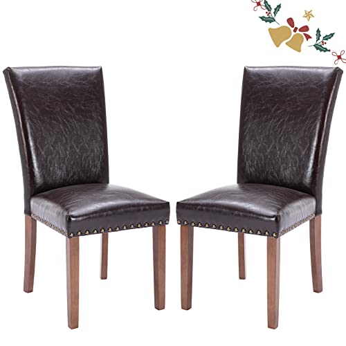 Image of Parsons Dining Chairs Set of 2, Upholstered Nailhead PU Leather Dining Room Kitchen Side Chair with Thick Cushions and Wood Legs, Dark Brown