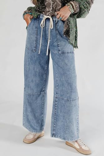 Urchics Womens Casual Pants Blue Acid Wash Exposed Seam Drawstring High Waist Jeans4