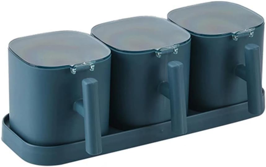 Seasoning Box with Tray Set Moisture-Proof Sealed Salt Shaker Kitchen Three-Piece Set with Spoon Cover, Square 3 compartments (Blue)