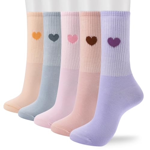 Image of Corlap Women's Cotton Crew Calf Socks - 5 Pairs Ankle High Dress Casual Socks, Fun Cute Heart Gifts for Mom Mother