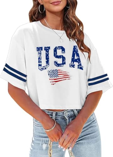 4th of July Shirts Women American Flag Crop Tops USA Patriotic T-Shirt Memorial Day Graphic Tee Tops (White L)