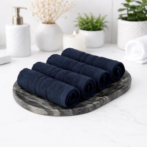 Image of Cotton Face Towel Pack of 4, 100% Cotton Towels, Soft Absorbent Small Gym Towel for Face, 400 GSM Quick Dry Bathroom & Travel Towels Men & Women, 30 x 30 cm, Navy