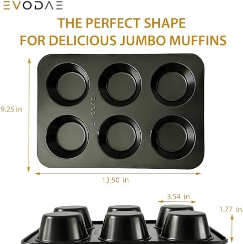 EVODAE Nonstick Jumbo Muffin Pan – 2 Pack Large Muffin Pans, 12-Cup (2×6) Capacity, Large Cupcake Pan & Jumbo Muffin Tin – Pro-Grade Bakeware, Heavy Duty – PFOA & PTFE Free, No Liners Needed - Thumbnail 4
