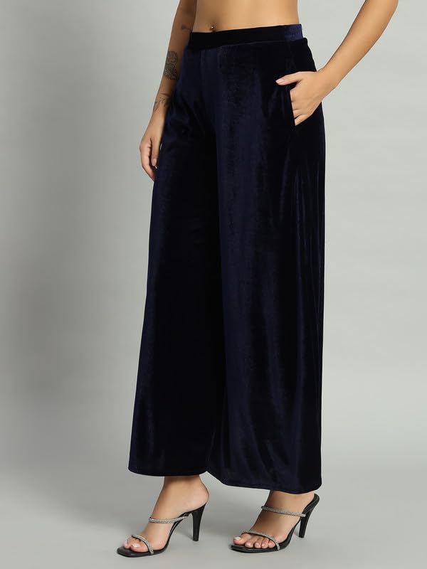 Image of Vaararo Party Trousers for Women | Shiny Velvet Fabric Wide Bottoms Stylish Palazzo Pants