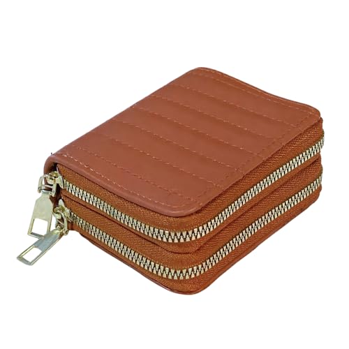 Carteira Feminina Couro sintético Compacta Casual Duplo Ziper Porta Cartão E Moedas (MARROM)