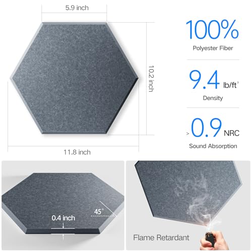 Image of 16 Pack Self-Adhesive Acoustic Panels 12 inch X 10 inch X 0.4 inch - Sound Proof Foam Panels for wall with High Density, Hexagon Design, Flame Resistant, Absorb Noise and Eliminate Echoes(Gray)